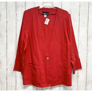 Vintage Sag Harbour Jacket Women Sz 14 Red Linen Long Sleeve Blazer Gold Button